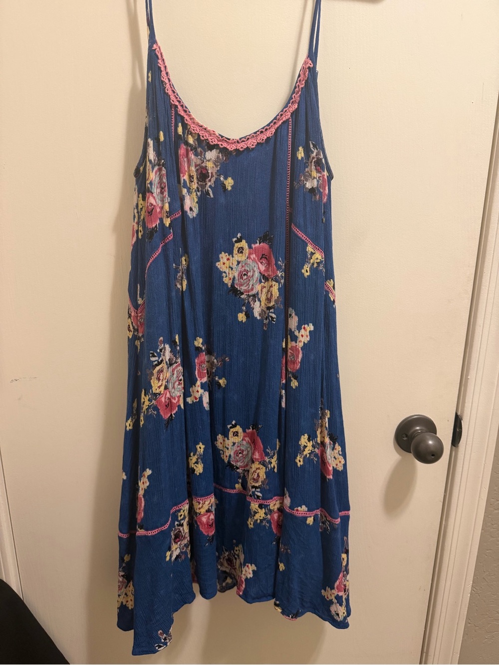 easel Blue Floral Dress with Pink Crochet Trim